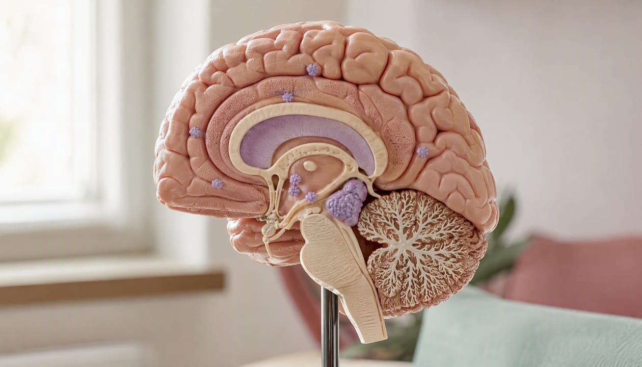 Anatomical brain model showing mood-related regions