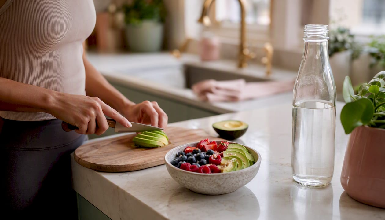 Hands preparing fresh post-exercise snack