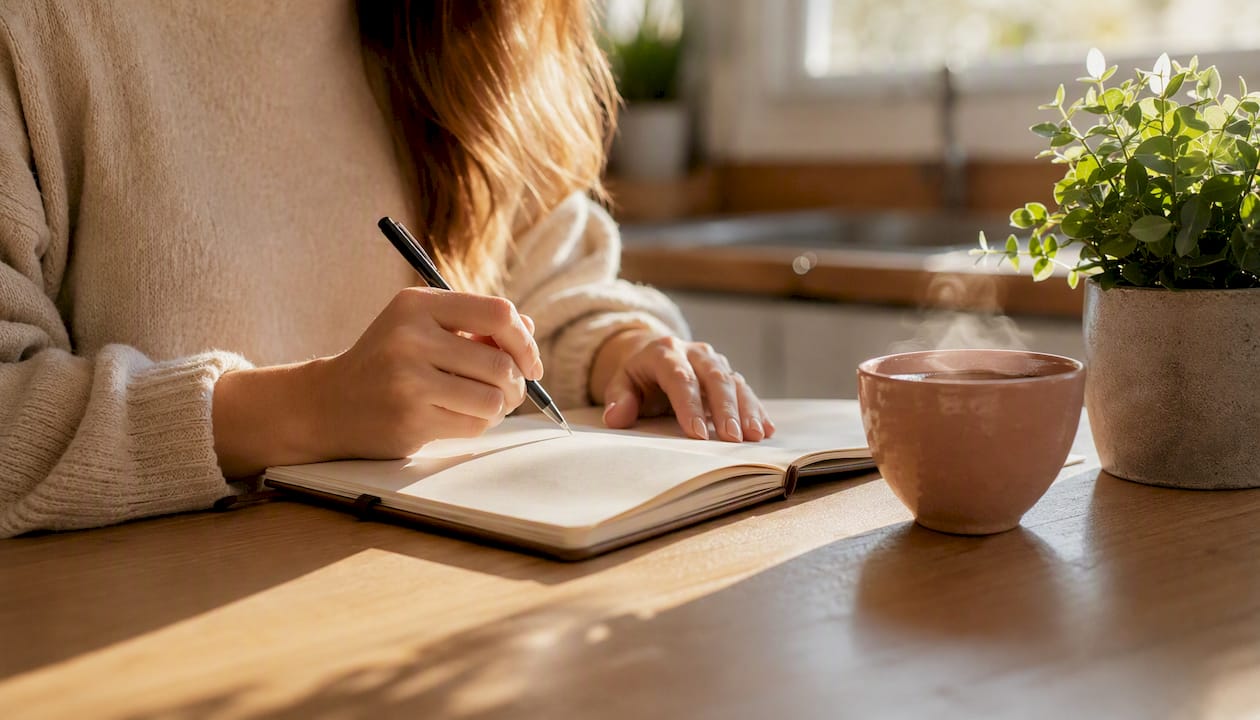 Woman tracking wellness journal entry
