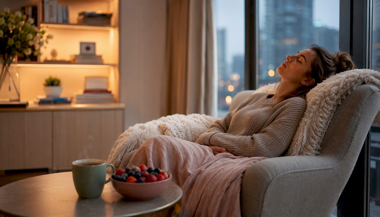Woman resting on couch looking fatigued