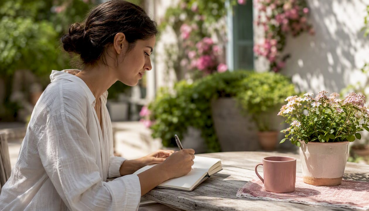 Woman journaling in bedroom with natural light