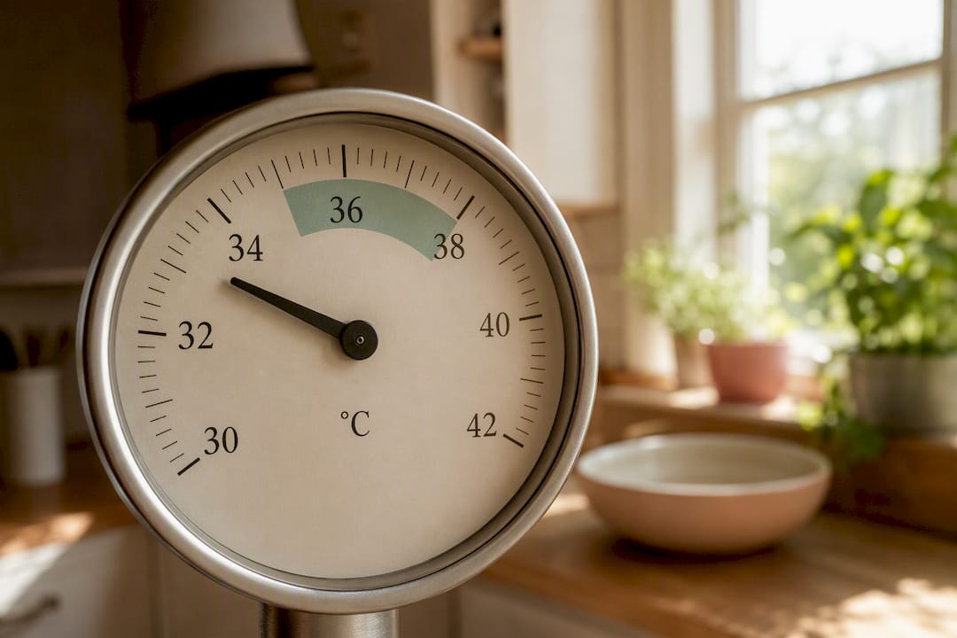 Close-up of temperature gauge showing narrow ideal zone