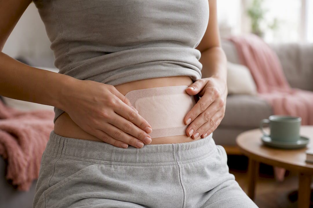 Hand applying heat patch to abdomen
