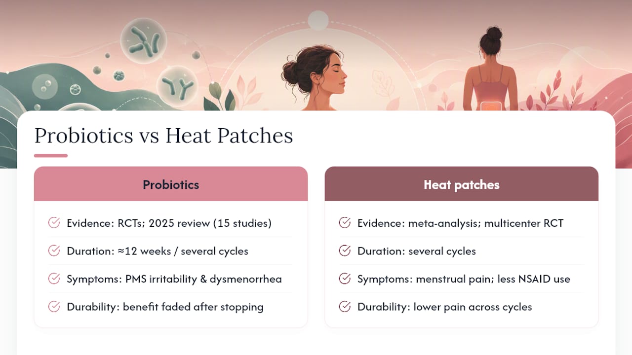 Diagram comparing probiotics and heat patches research results