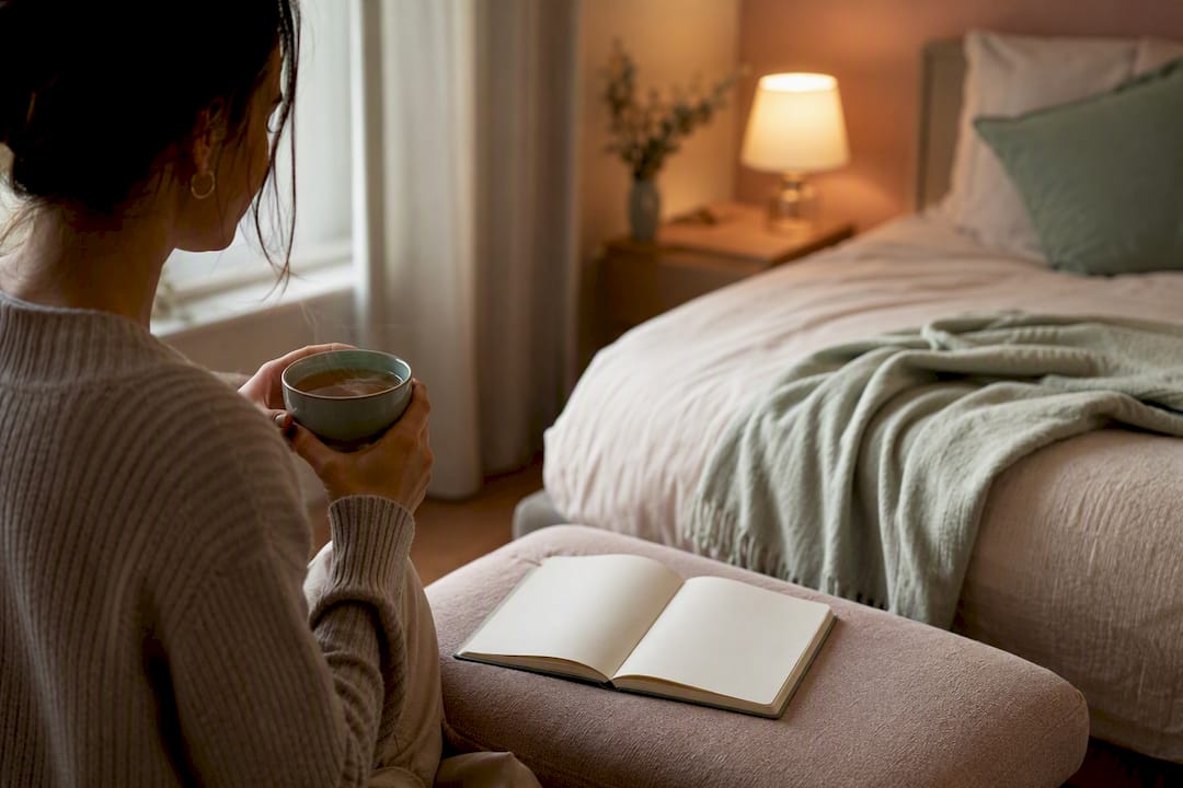 Hands holding herbal tea cup by journal