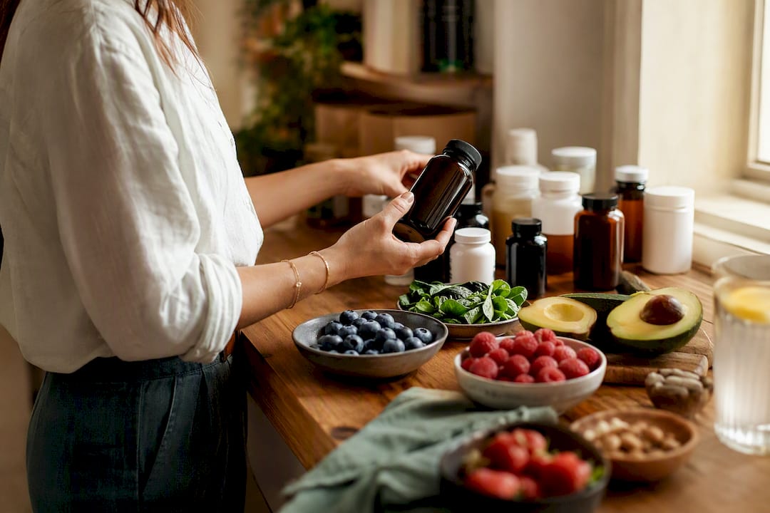 Hands picking probiotic bottle among healthy foods