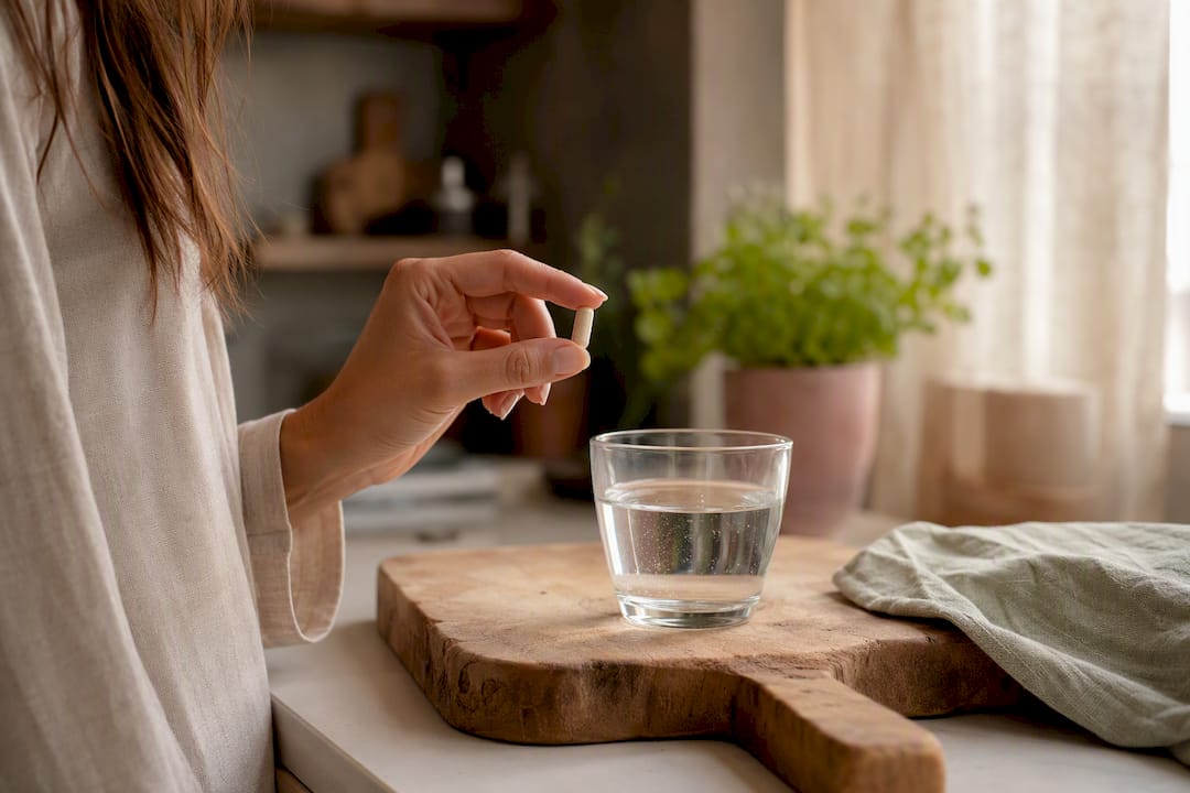 Hand holding probiotic capsule in morning light