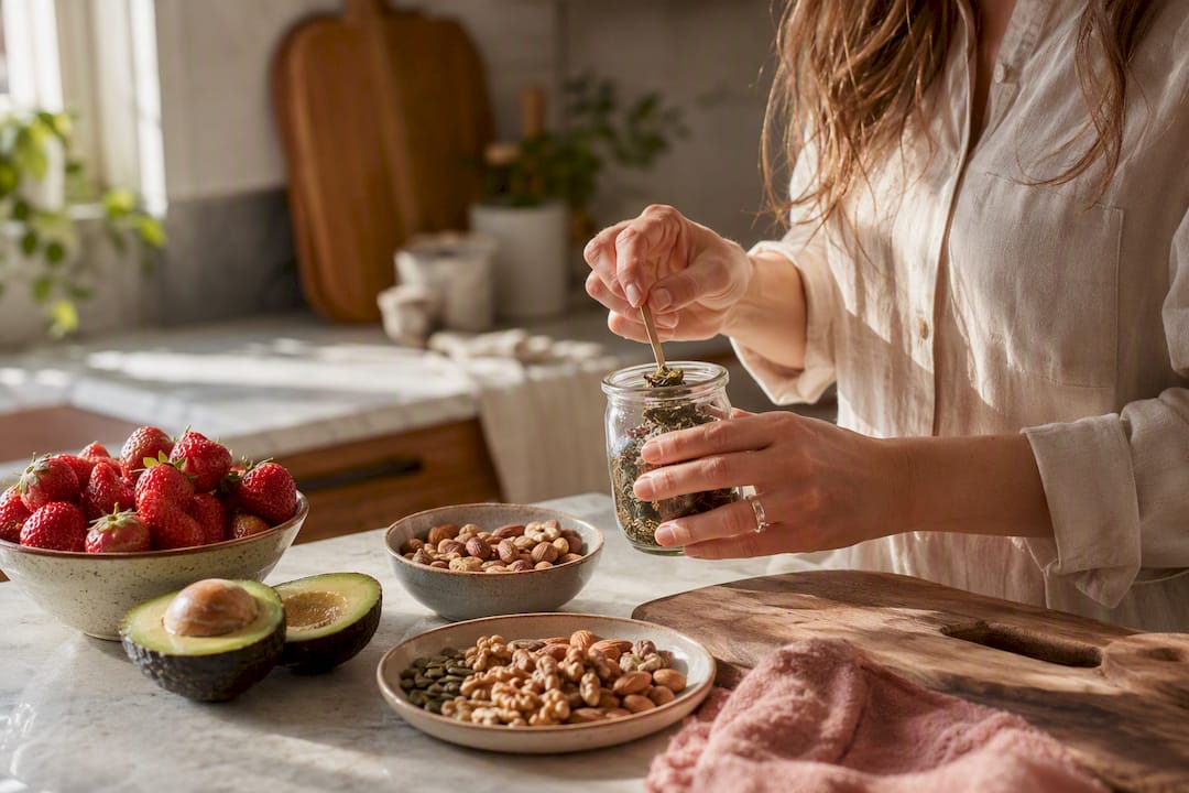 Hands pouring herbal tea over healthy foods