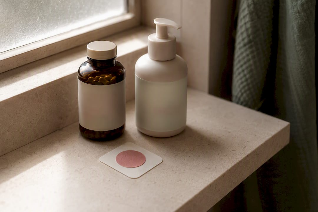 Natural wellness products on bathroom shelf