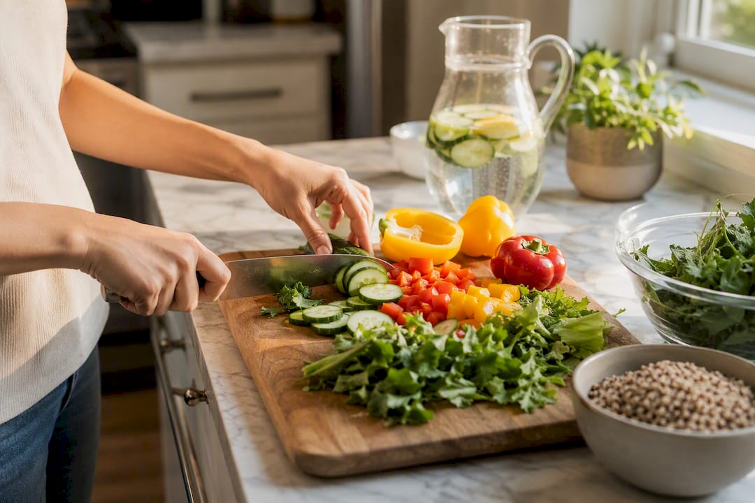 Close-up of hands chopping fresh vegetables