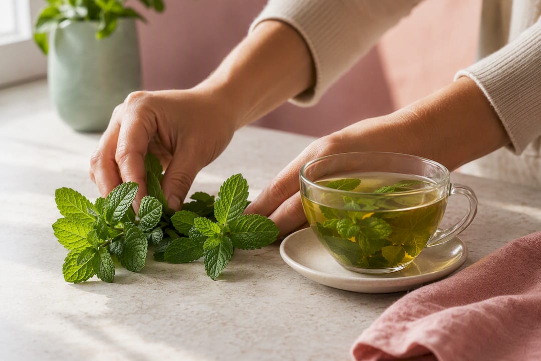 Fresh spearmint beside a cup of herbal tea
