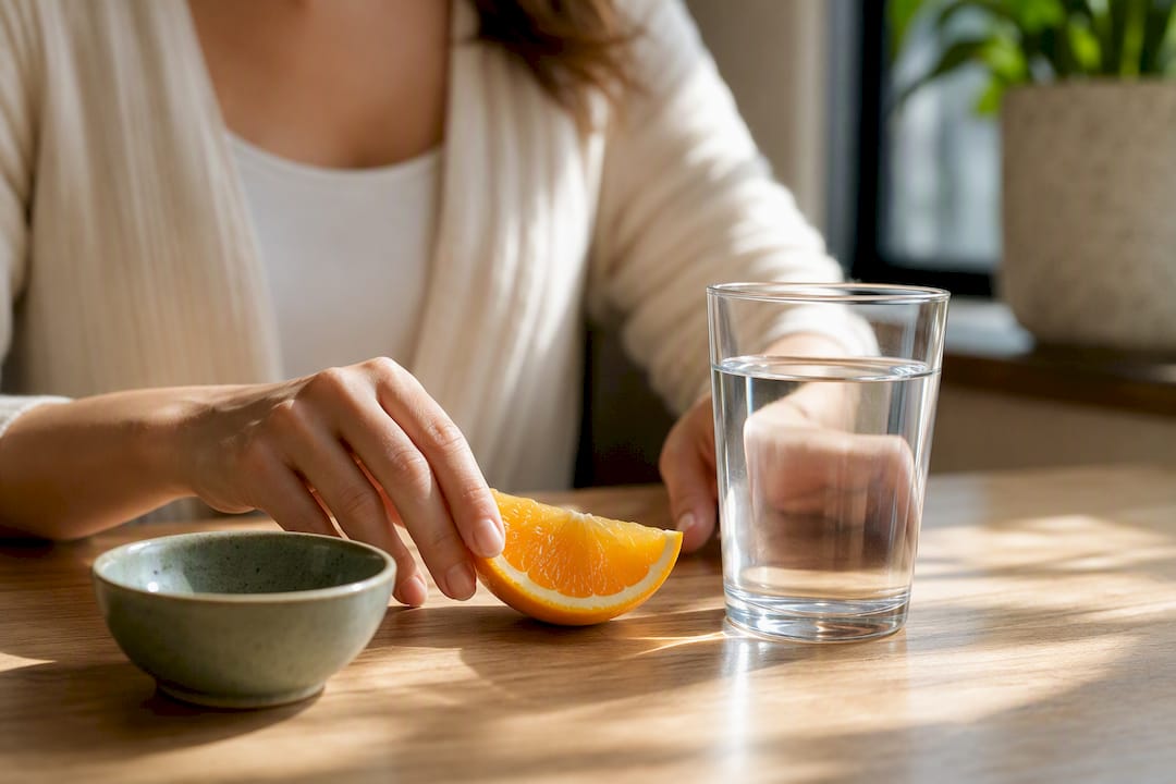 Glass of water beside fresh fruit