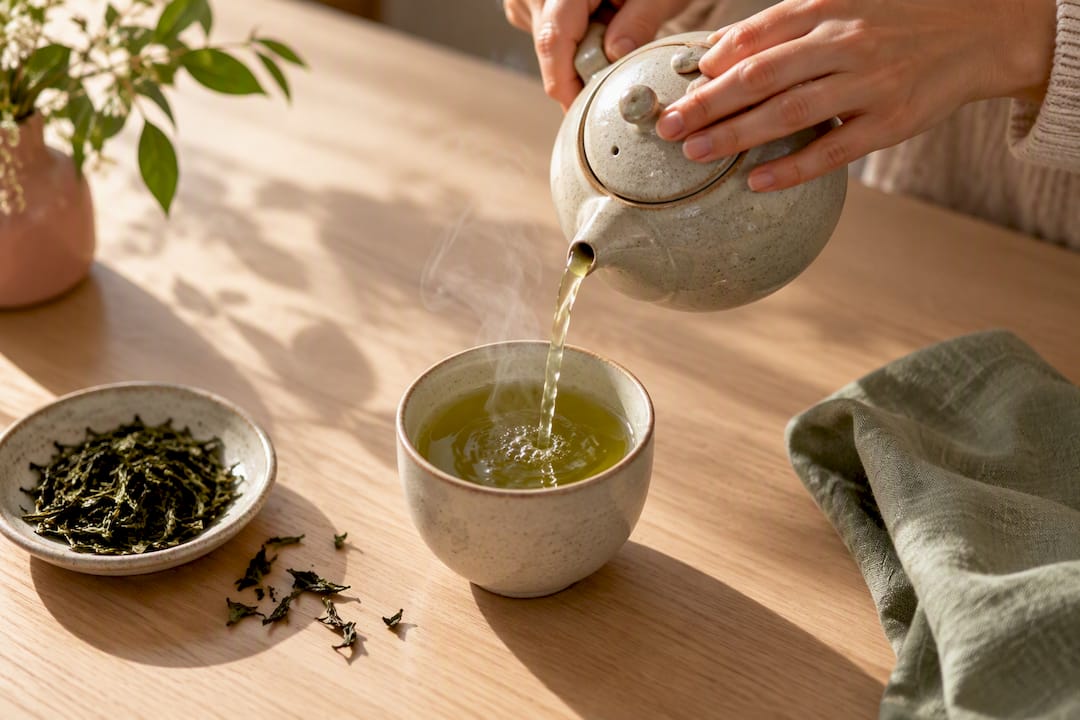 Fresh green tea poured into ceramic cup