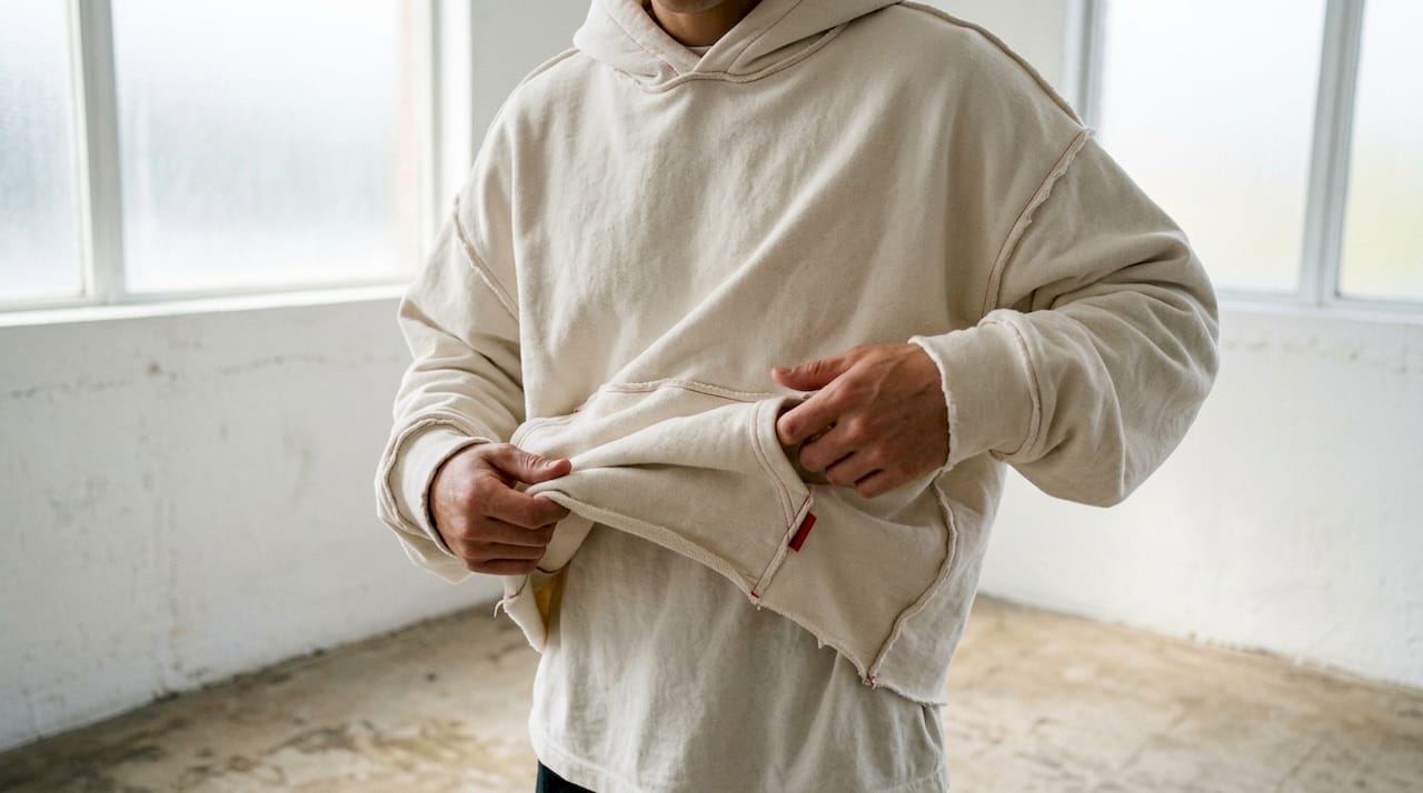 Close-up of avant-garde deconstructed hoodie details