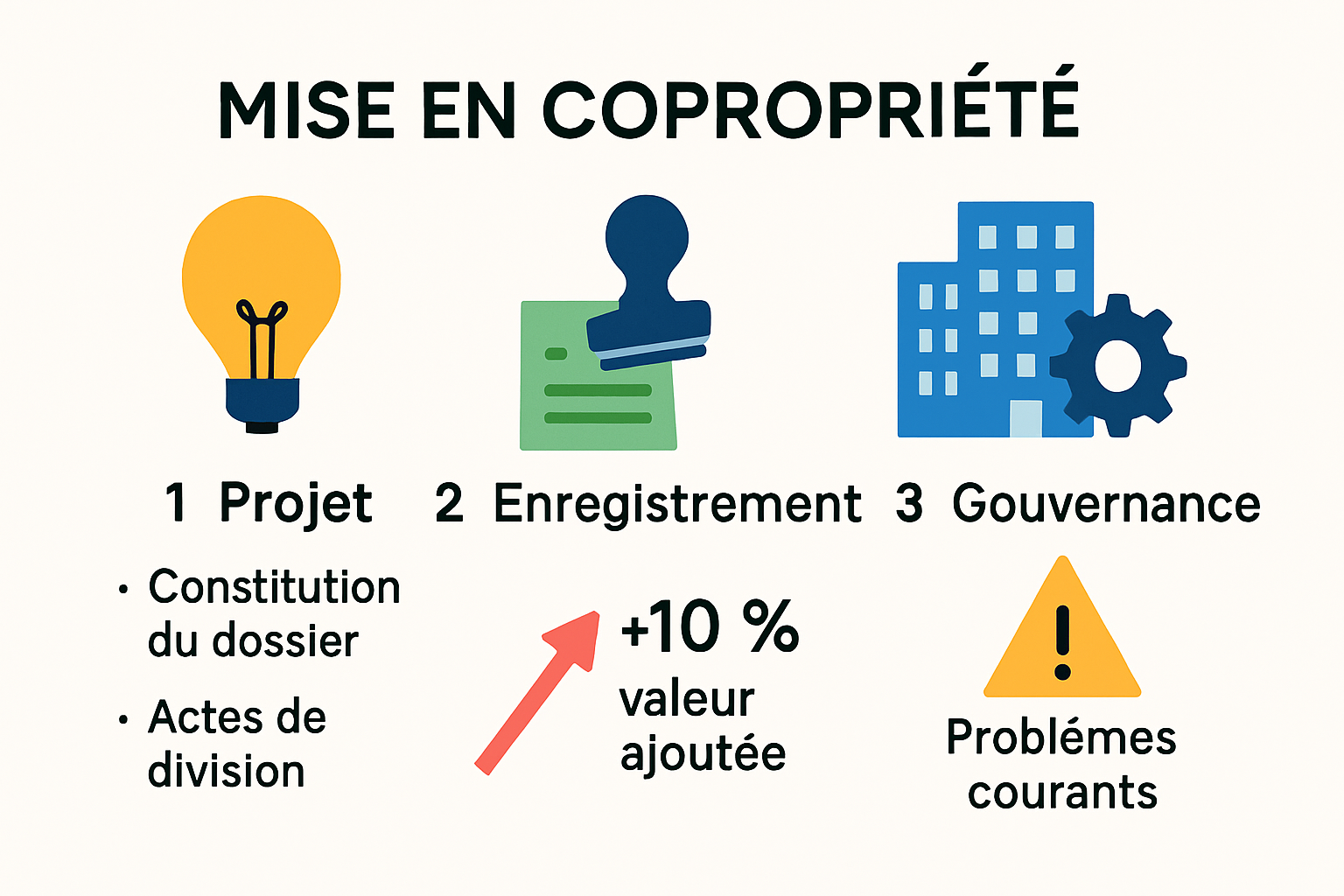 Infographic showing steps and documents for mise en copropriété