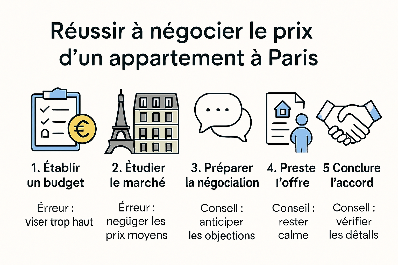 Infographic illustrating 5 negotiation steps for buying an apartment in Paris