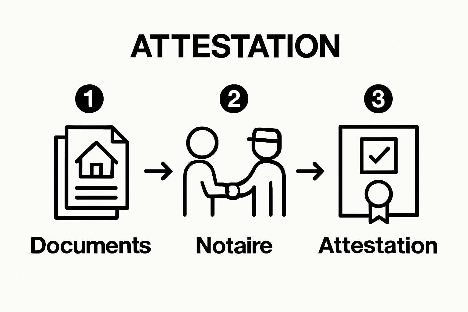 Infographic showing 3 steps: rassembler les documents, consulter le notaire, obtenir l’attestation.