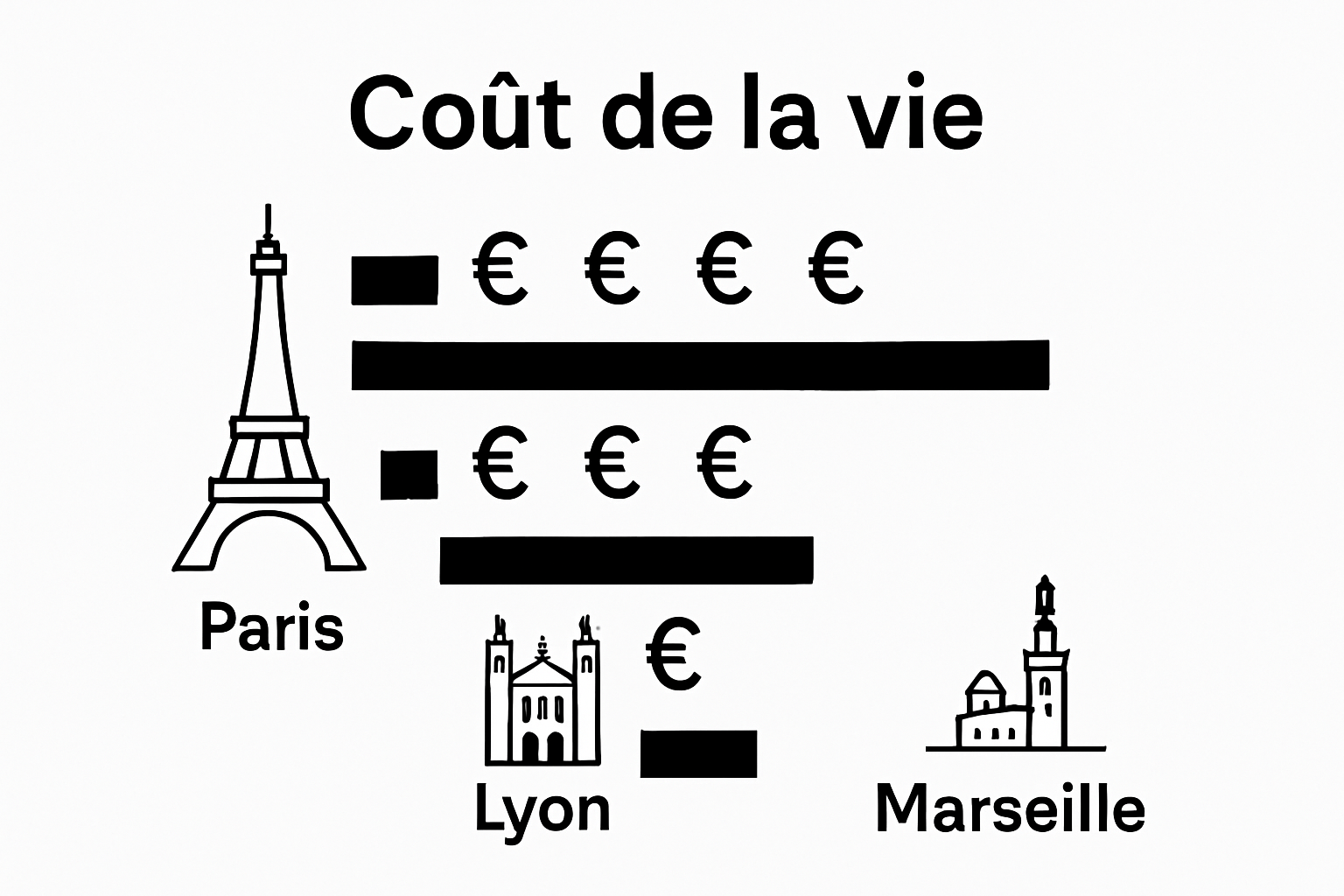 Bar chart comparing cost of living in Paris, Lyon, and Marseille.