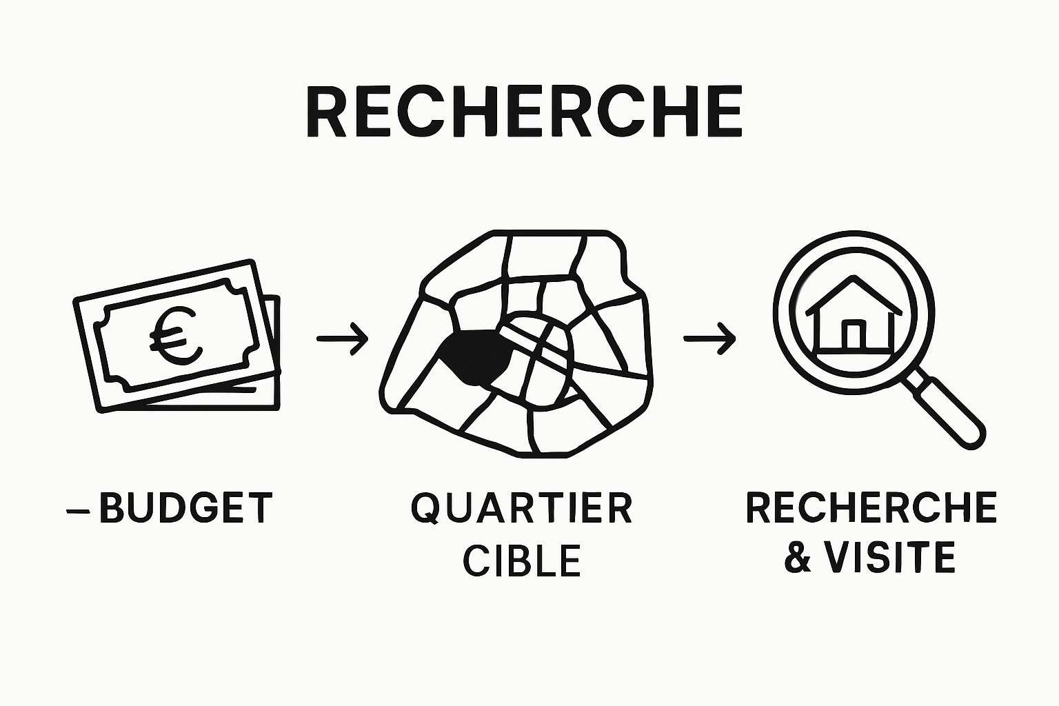 Visual sequence of budgeting, selecting quartier, searching apartment
