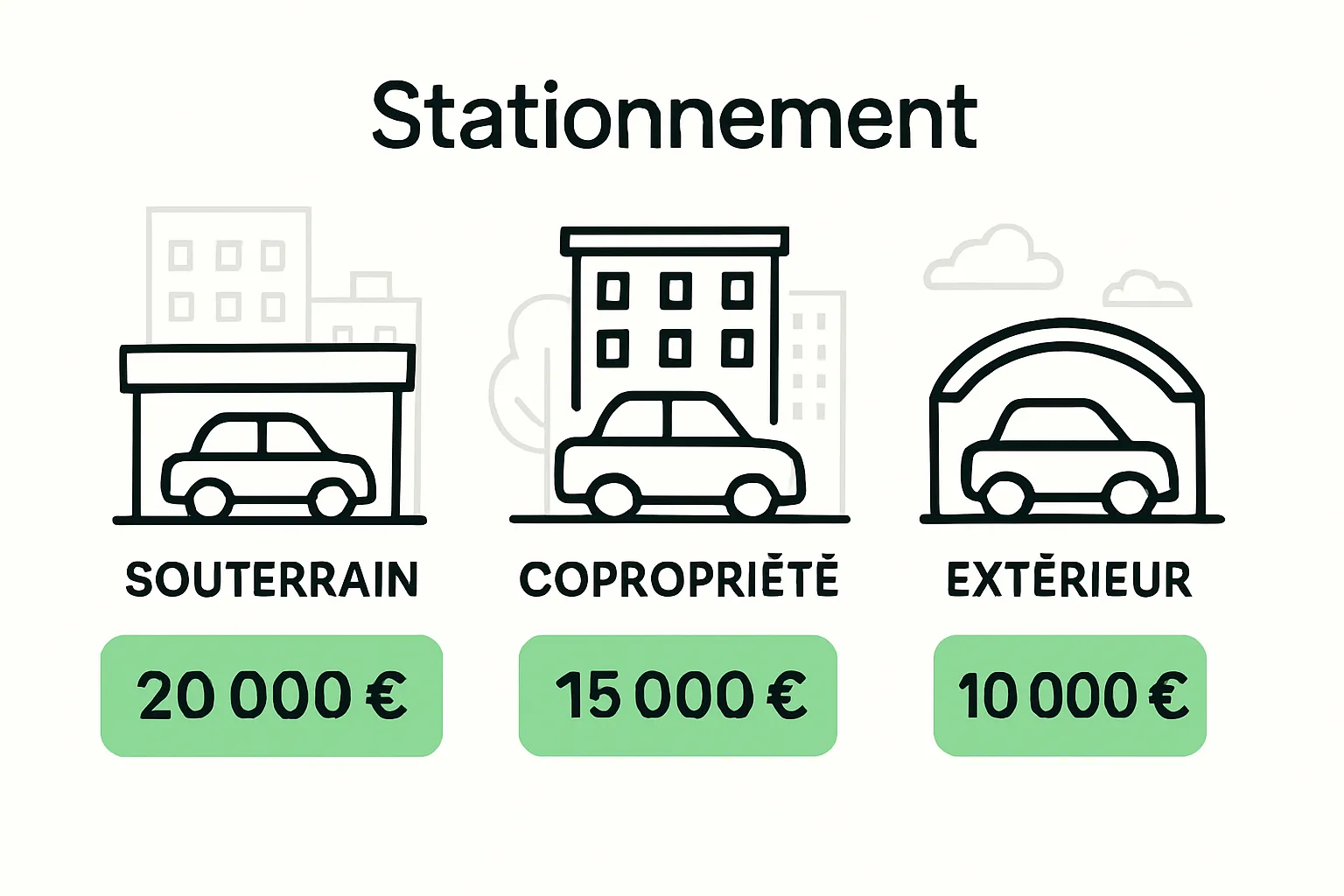 Comparative icons for three Paris parking types by price