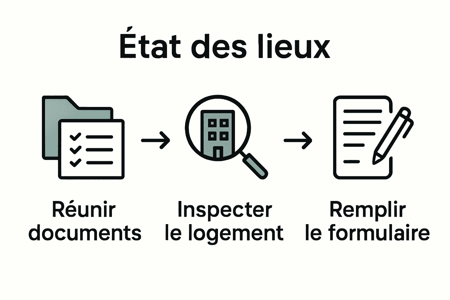 Trois étapes principales de l’état des lieux en icônes et flèches