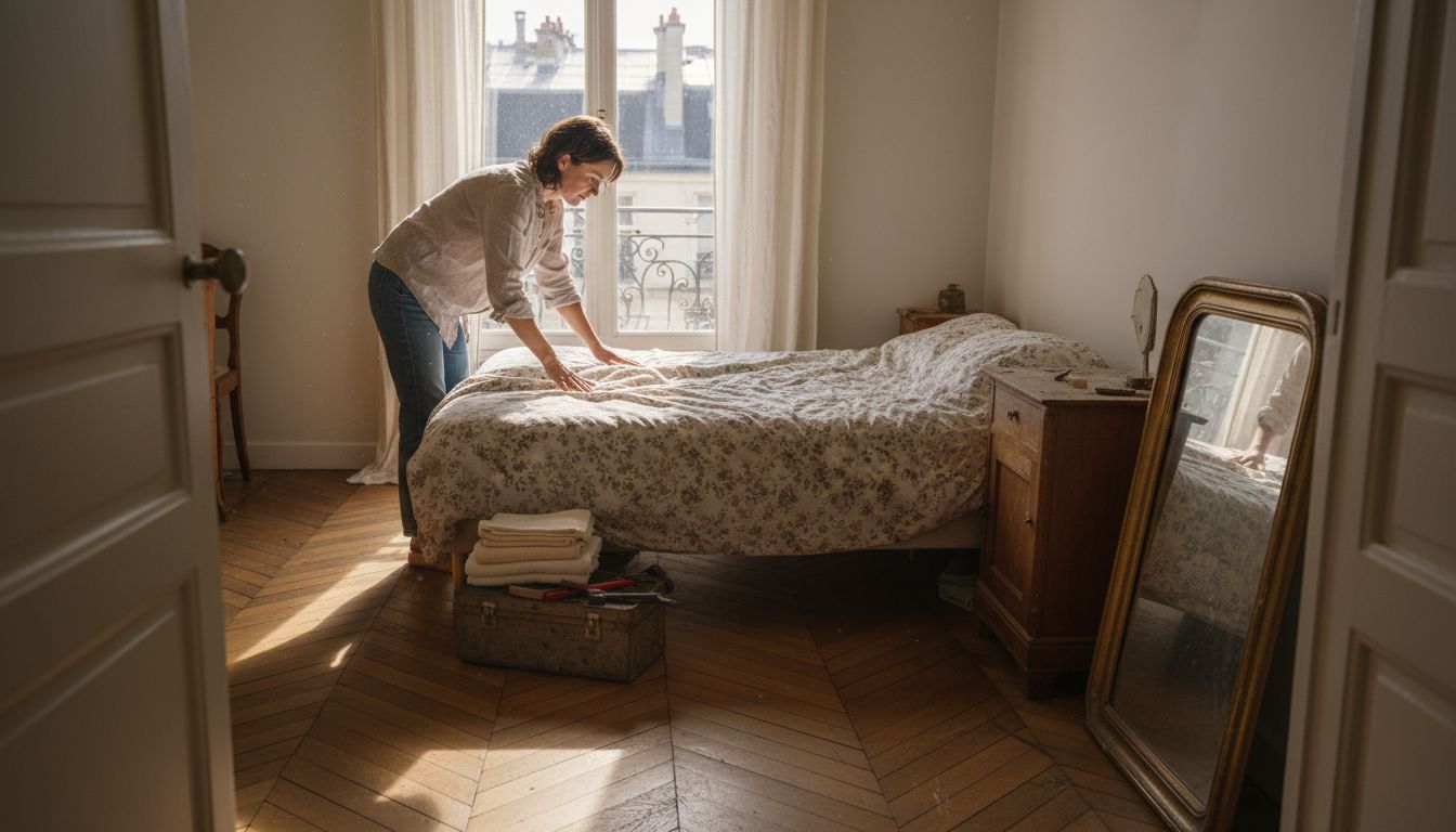 Comment louer son bien à Paris : guide pratique complet 1 Woman preparing Paris bedroom for rental