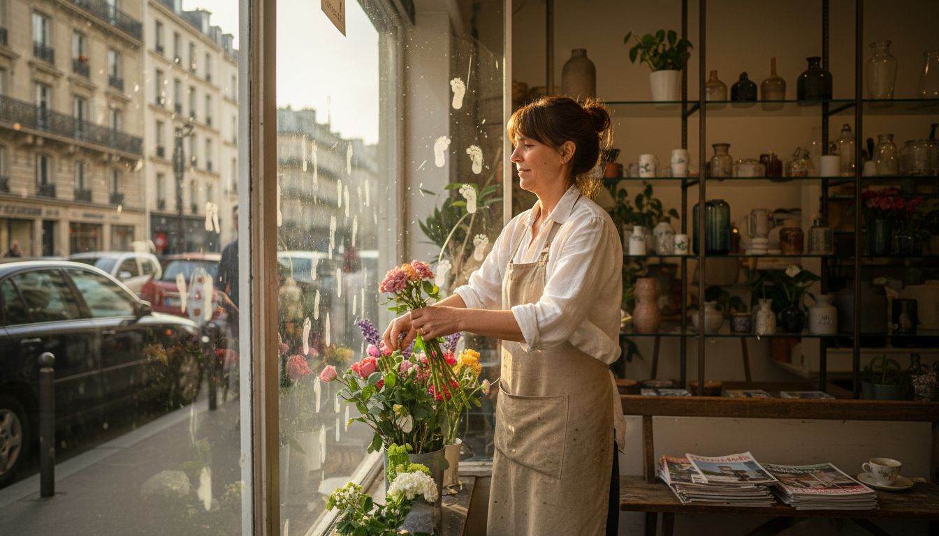 Shop owner preparing retail window Paris