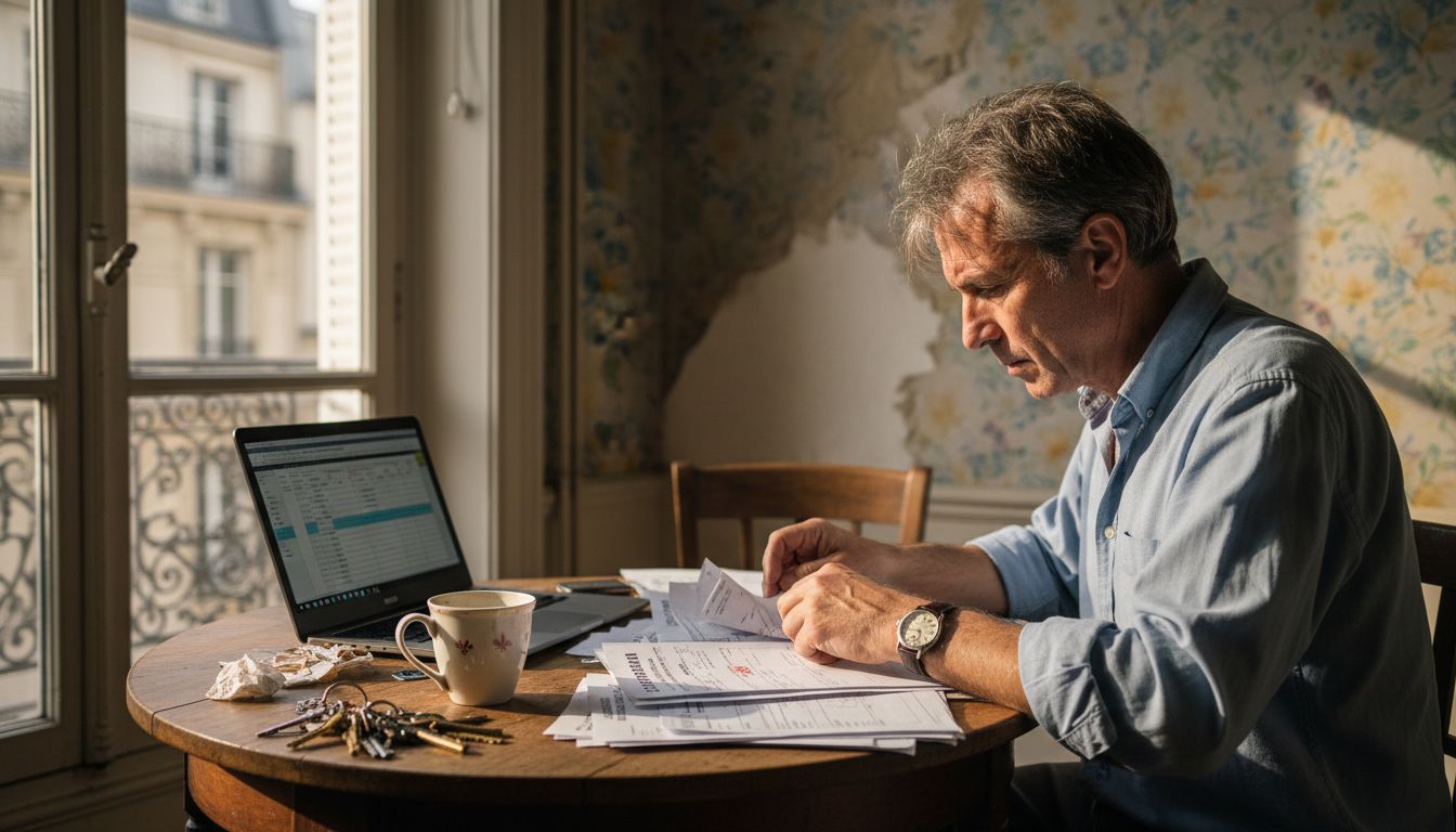 Pourquoi louer meublé à Paris : Avantages et Enjeux 2 Un propriétaire passe en revue des documents financiers, assis à sa table.