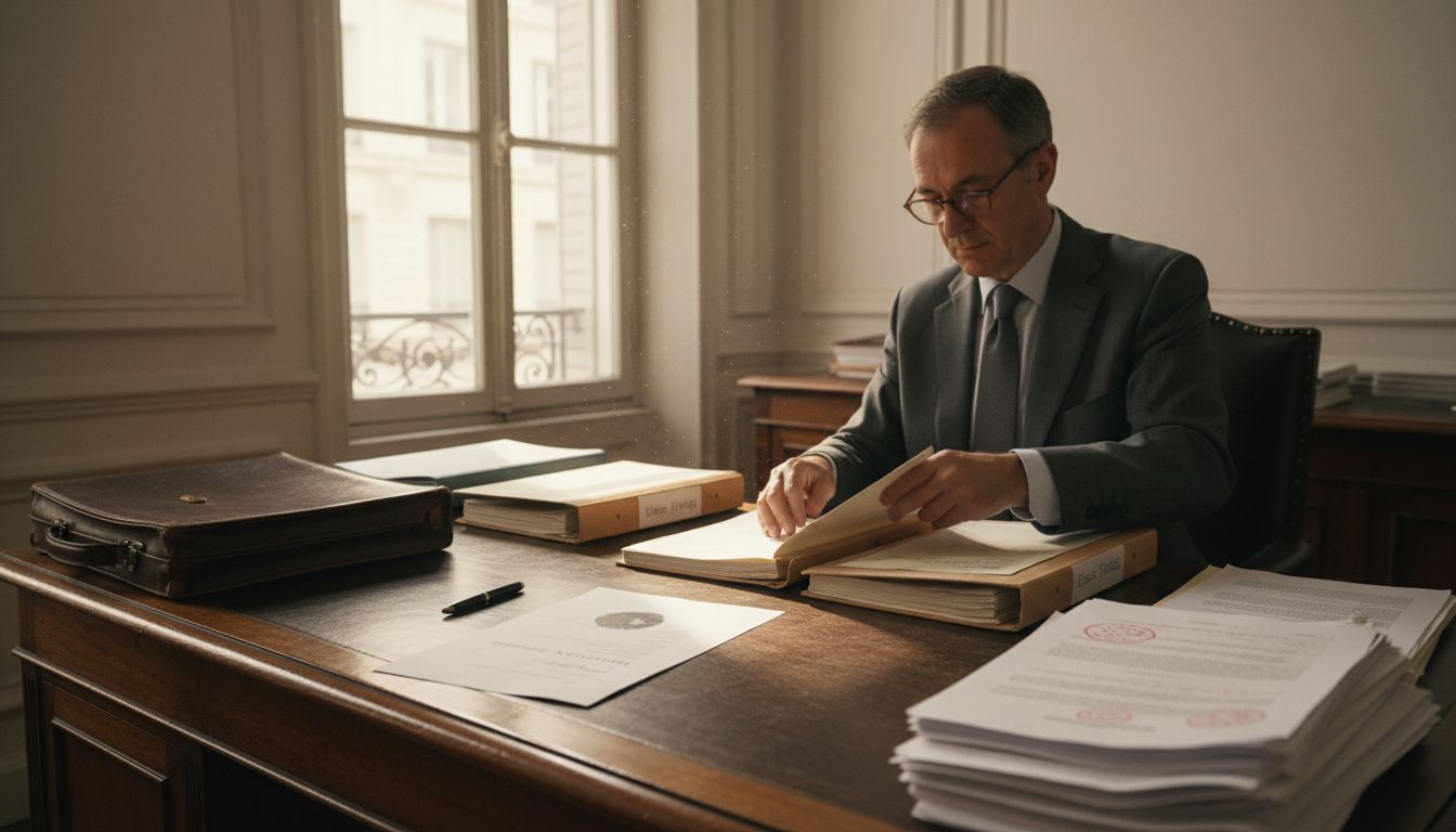 Un notaire en train de rédiger les documents nécessaires à la vente, concentré à son bureau.