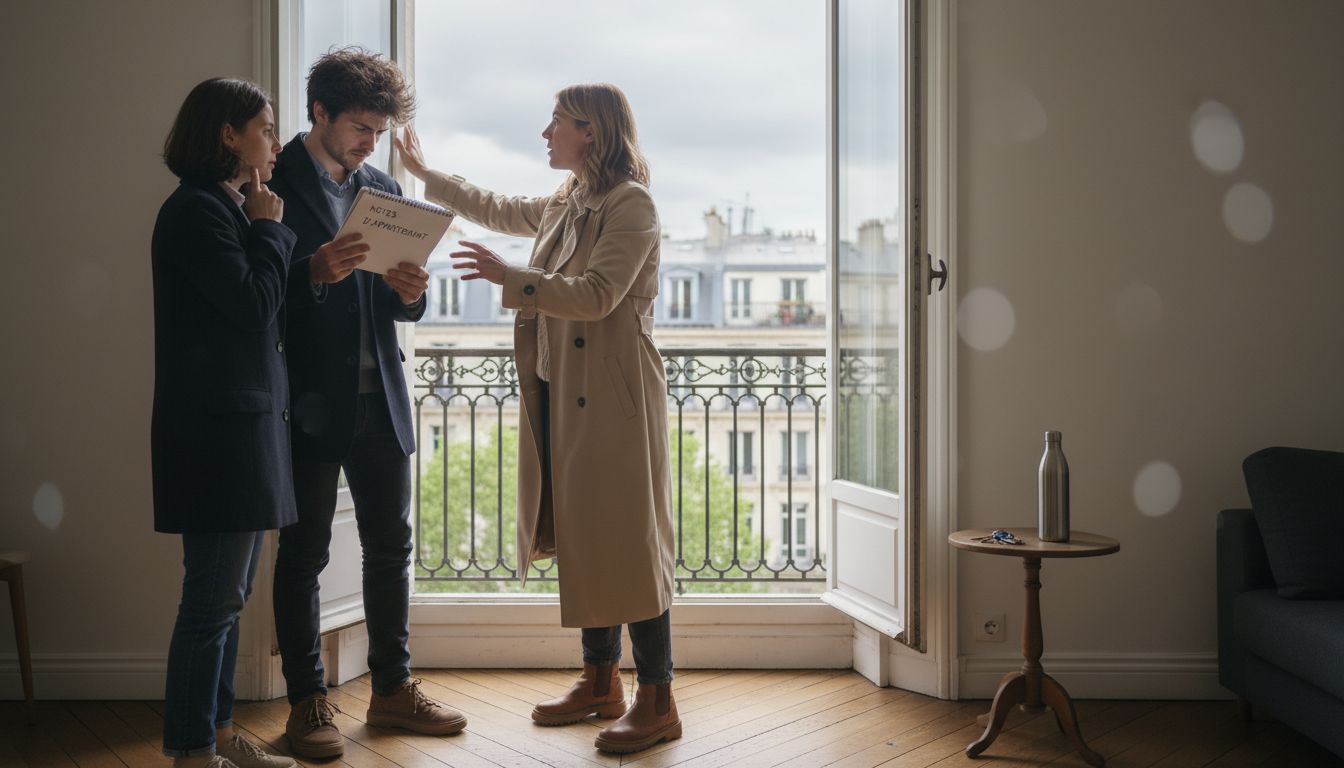 Une agente immobilière fait visiter un appartement parisien à des acheteurs potentiels.