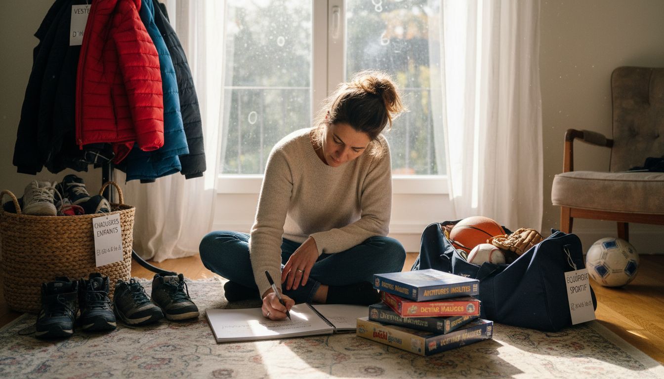 Vendre un appartement famille nombreuse à Paris 19 1 Une maman dresse la liste des besoins de la famille dans le salon.