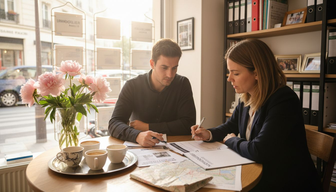 Réussir la sélection agence immobilière à Paris 19 1 Un couple a rendez-vous avec un conseiller dans une agence parisienne.