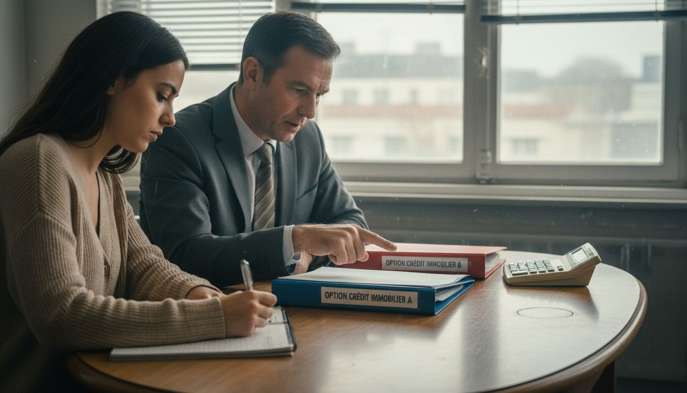 Définition du prêt relais – Décider d’acheter avant de vendre à Paris 1 Un conseiller bancaire présente les différentes solutions de prêt immobilier à son client.