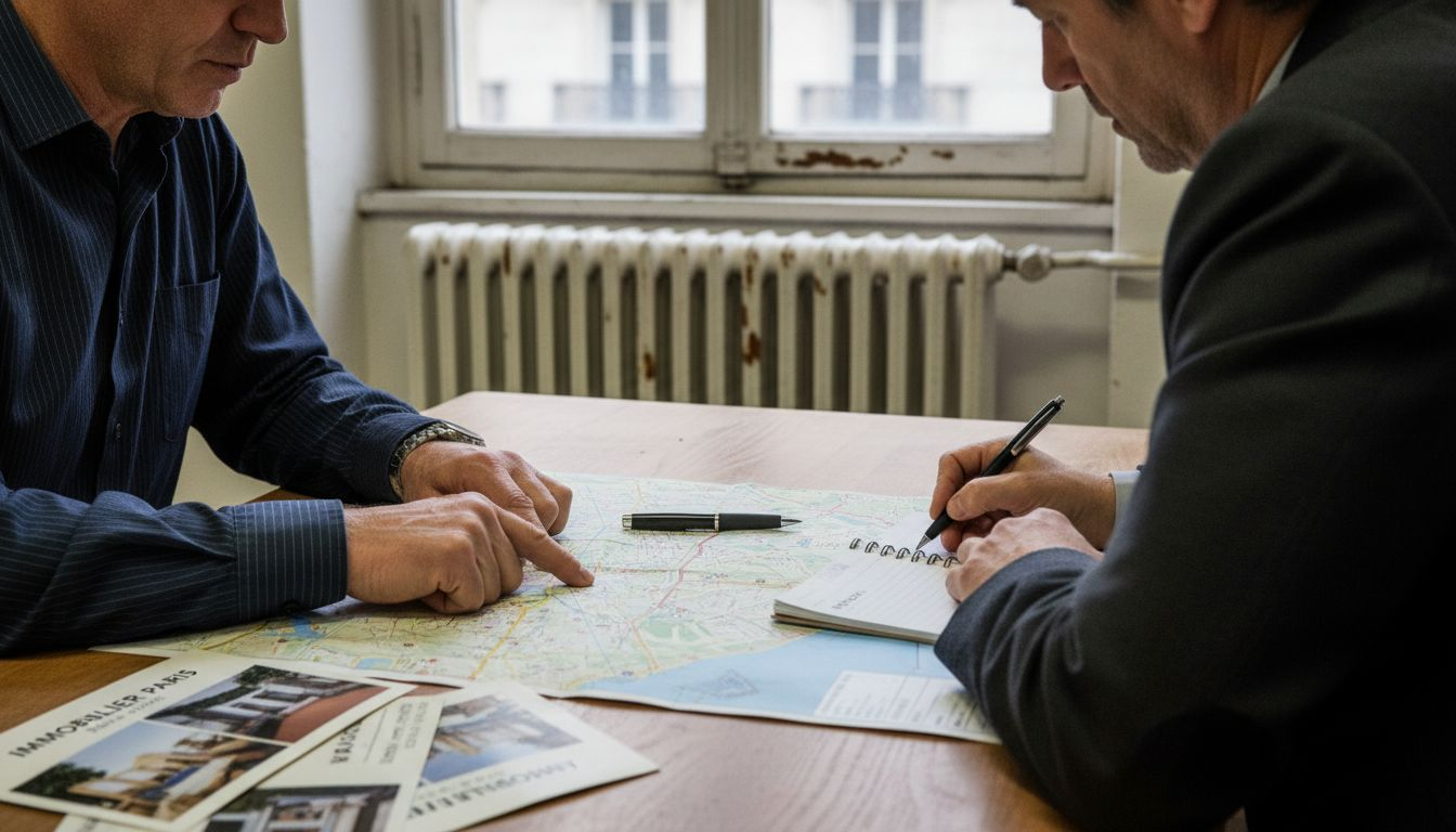 Pourquoi passer par une agence immobilière à Paris 19 1 Un conseiller immobilier présente à son client une carte du 19ème arrondissement de Paris pour l'aider à mieux comprendre le quartier.