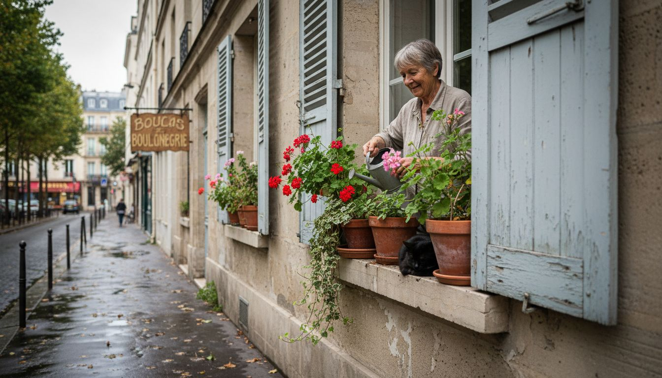Perspectives marché immobilier : Enjeux et évolutions à Paris 2026 1 Une riveraine du 19e arrondissement arrose ses plantes sur le rebord d’une fenêtre d’un immeuble à la façade ancienne.