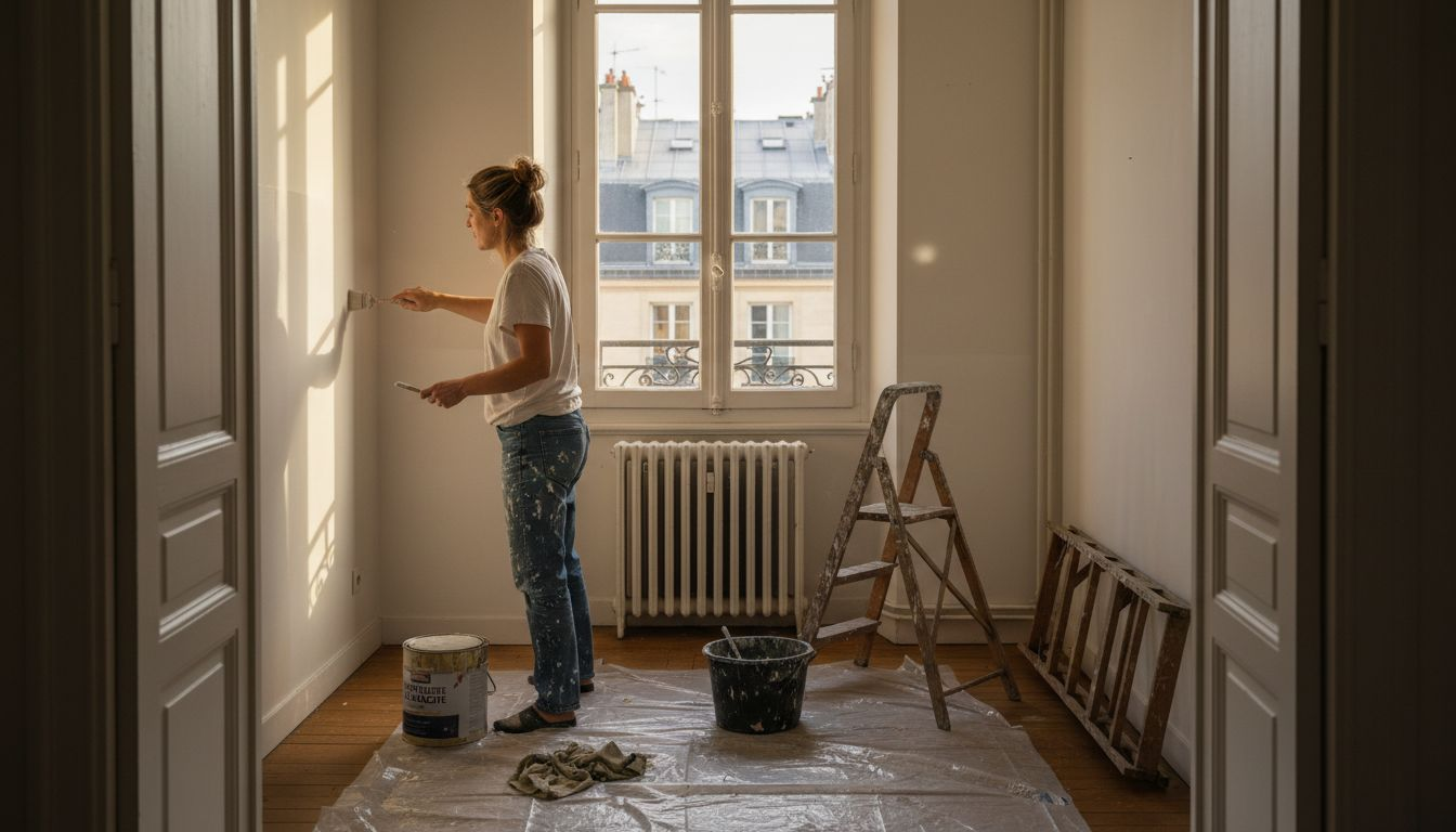 Travaux en copropriété : optimiser valeur à Paris 19 1 Une femme en train de repeindre les murs de son appartement parisien