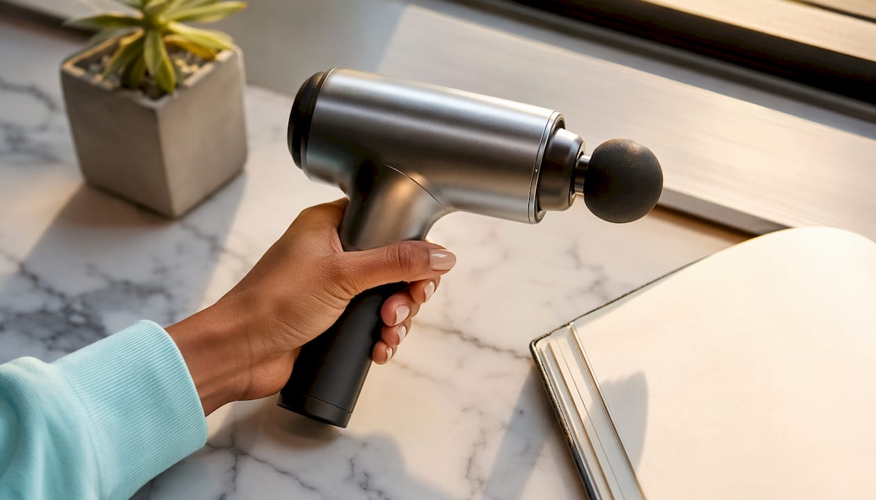 Close-up of hand holding ergonomic massage gun