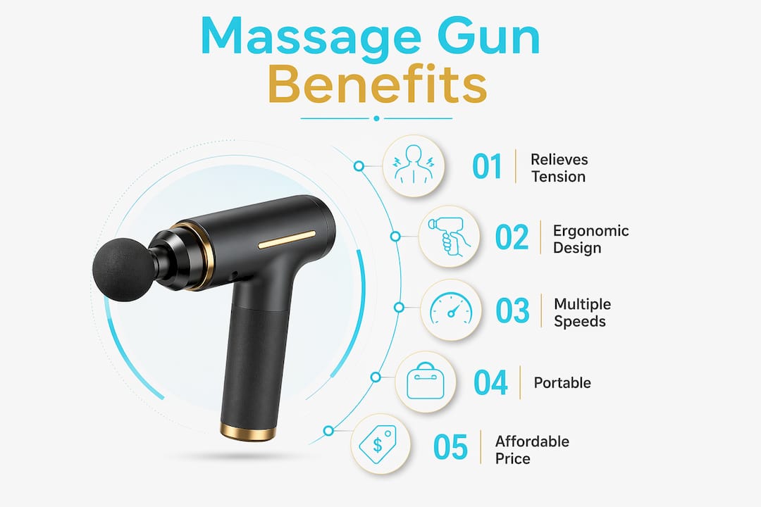 Infographic illustrating massage gun benefits and features