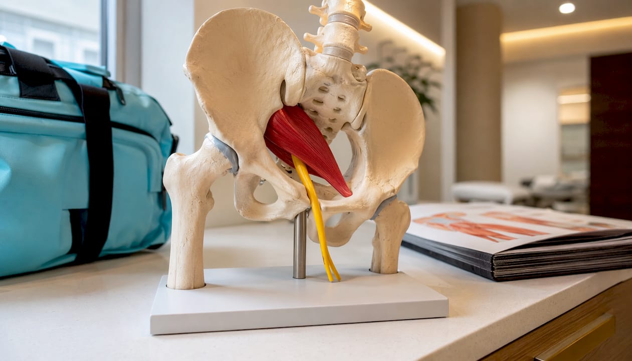 Anatomical model showing piriformis muscle and sciatic nerve