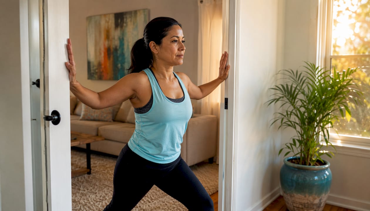 Woman performing doorway chest stretch