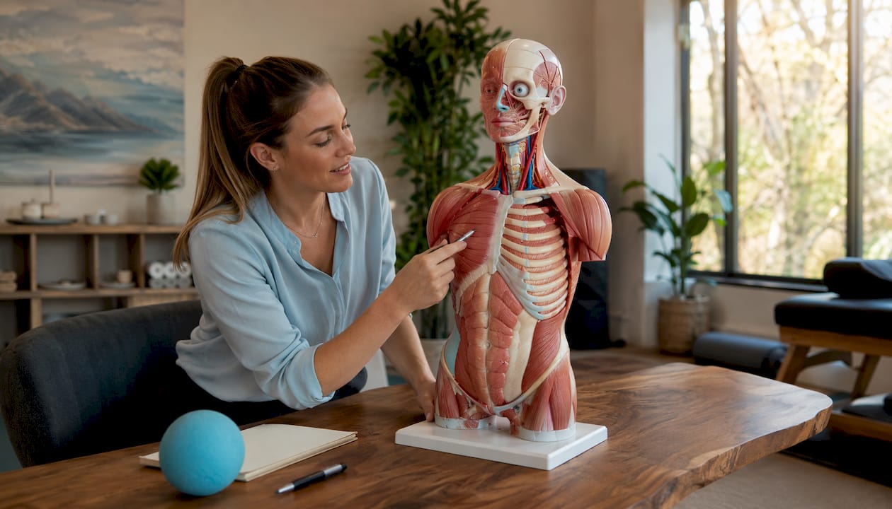 Physical therapist showing chest muscle anatomy
