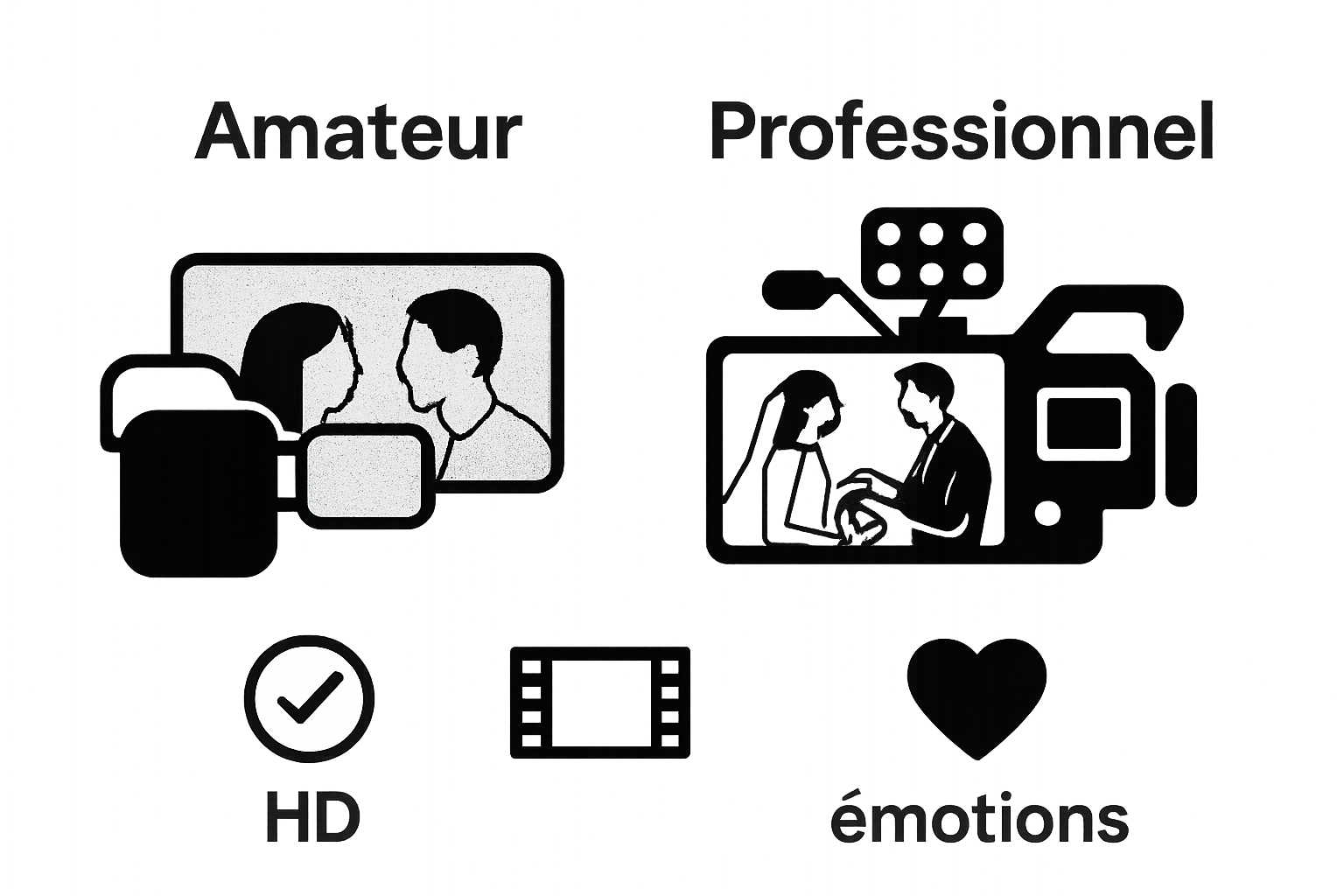 Amateur vs professionnel wedding video features illustration