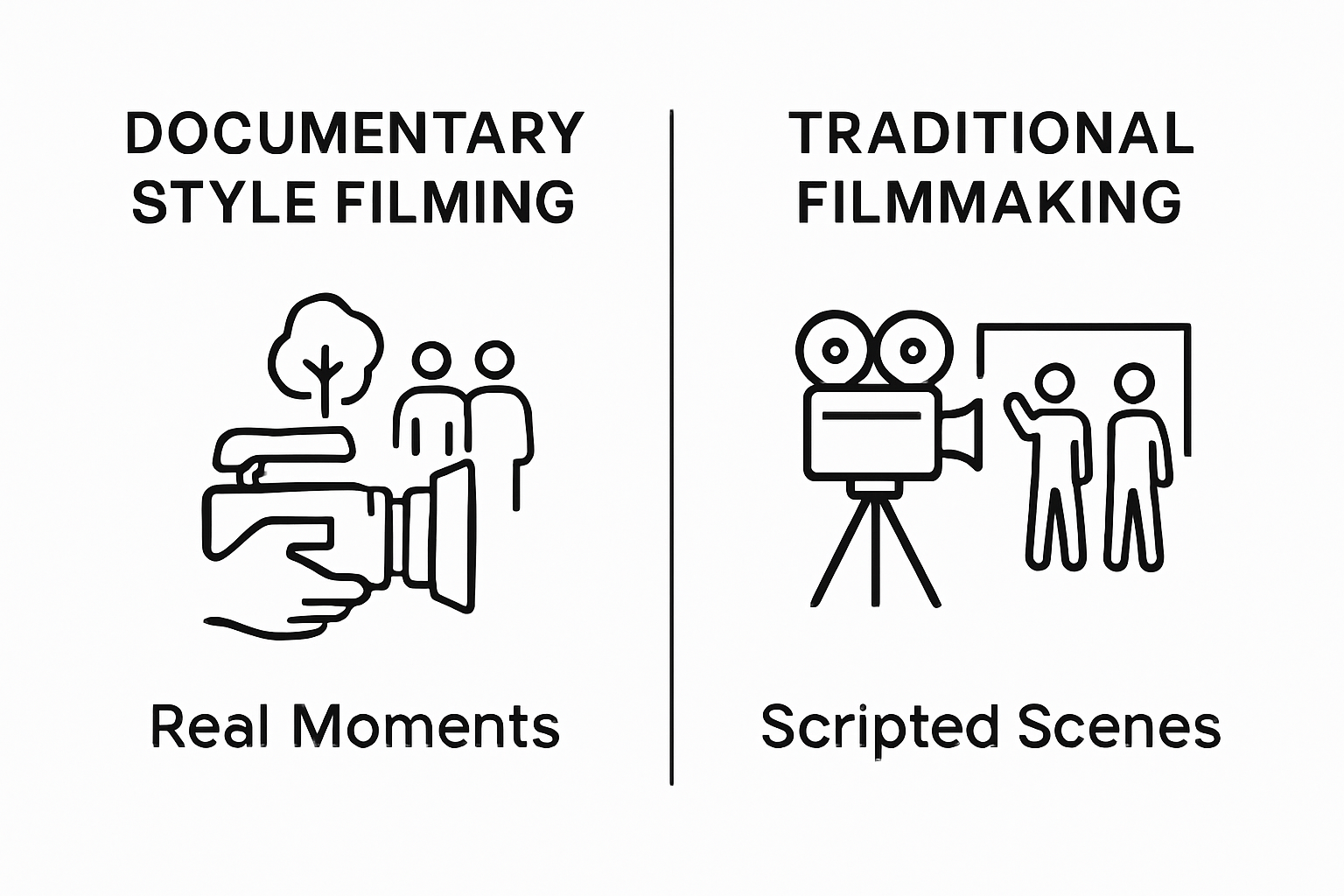 Comparison of documentary filming vs traditional filmmaking using icons