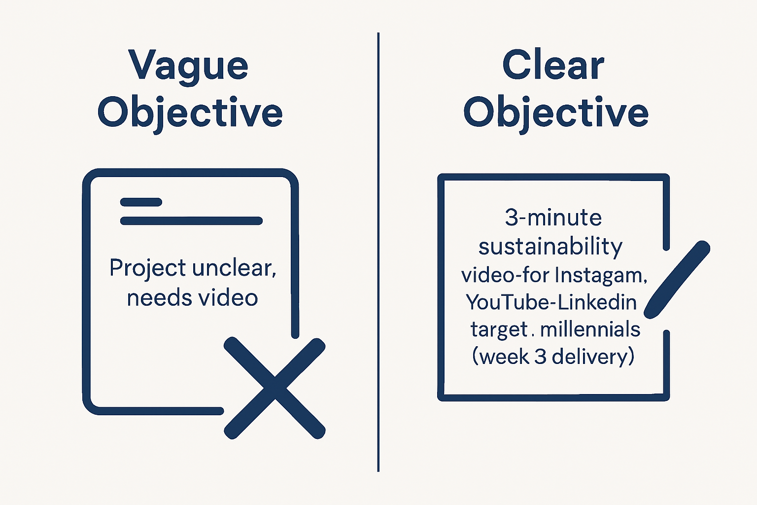 Before-after infographic showing vague vs clear project objectives