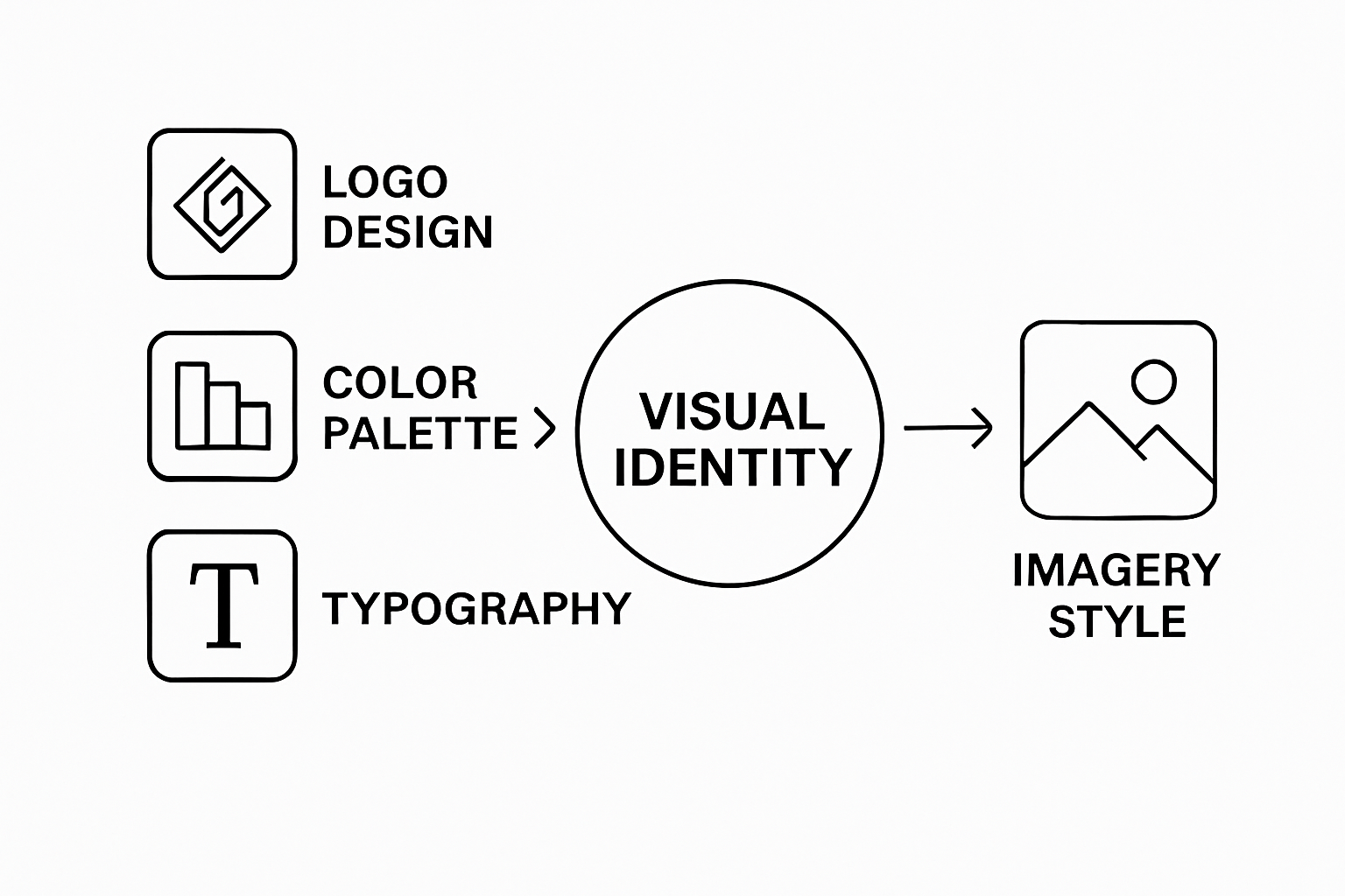 Infographic showing core elements of visual identity: logo, color, typography, imagery.