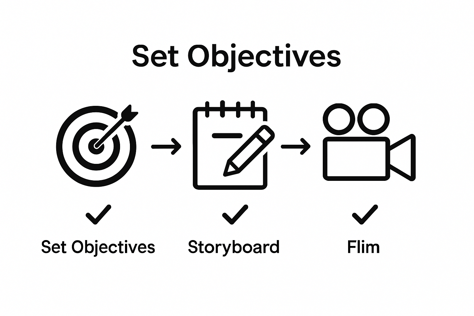Infographic showing objectives, storyboard, and filming steps