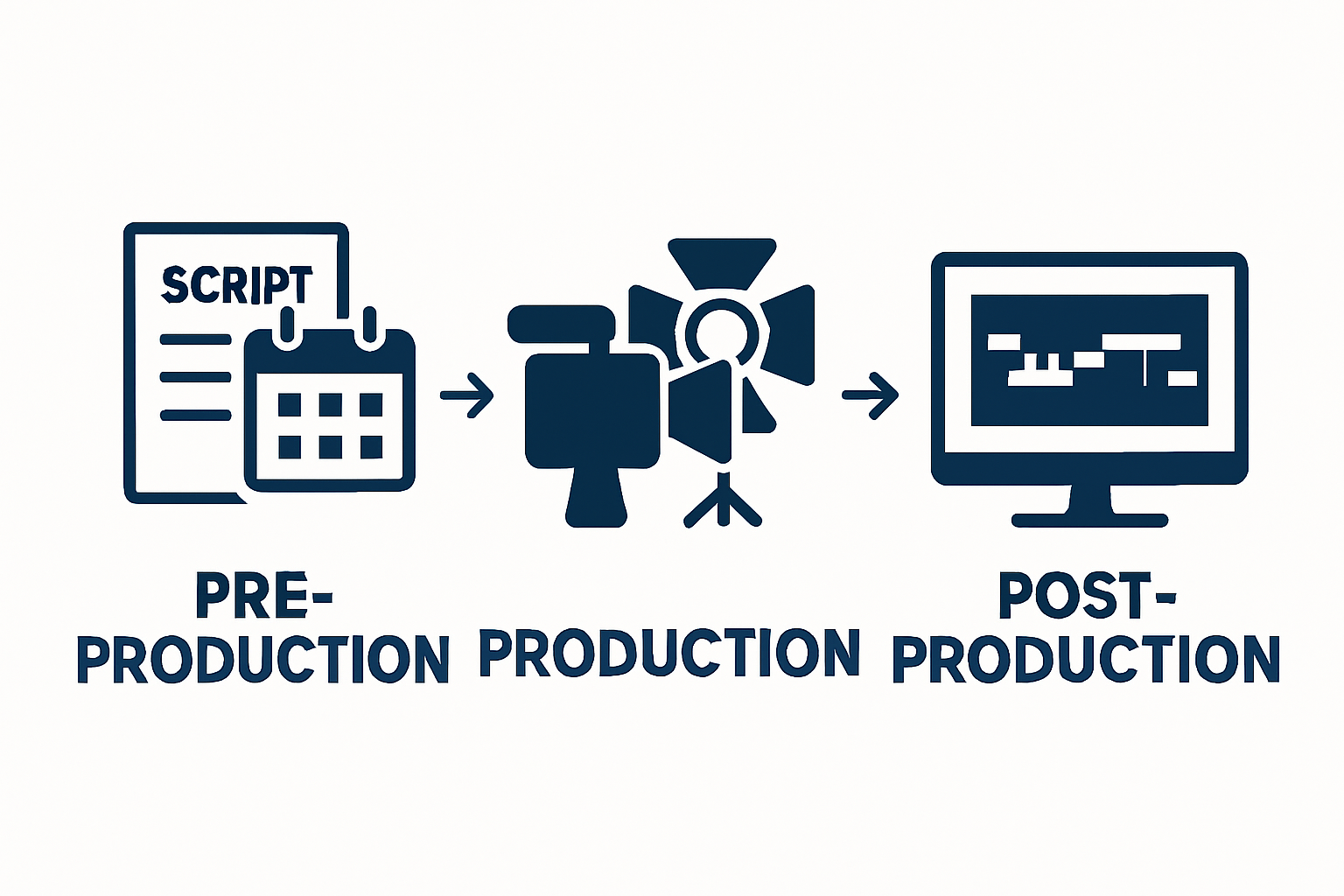 Visual stages of video production workflow in three steps