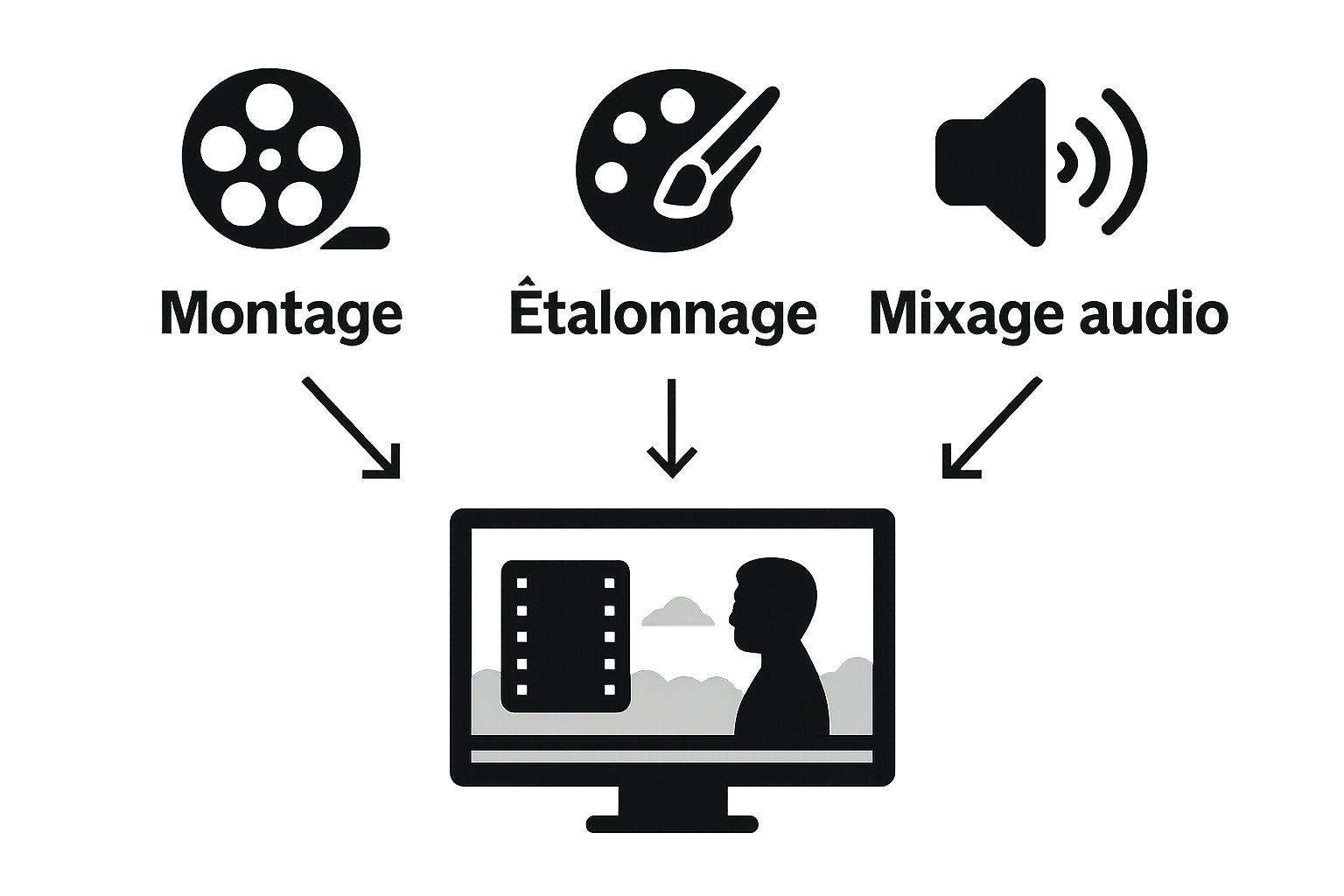 Infographic showing montage, color grading, and audio mixing as key steps of post-production