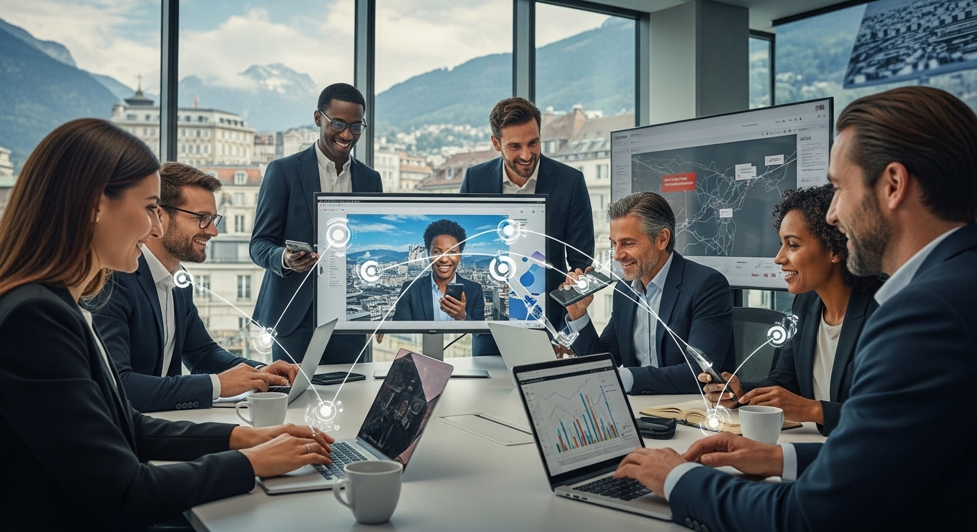 Swiss network collaboration, digital connectivity, tech teamwork