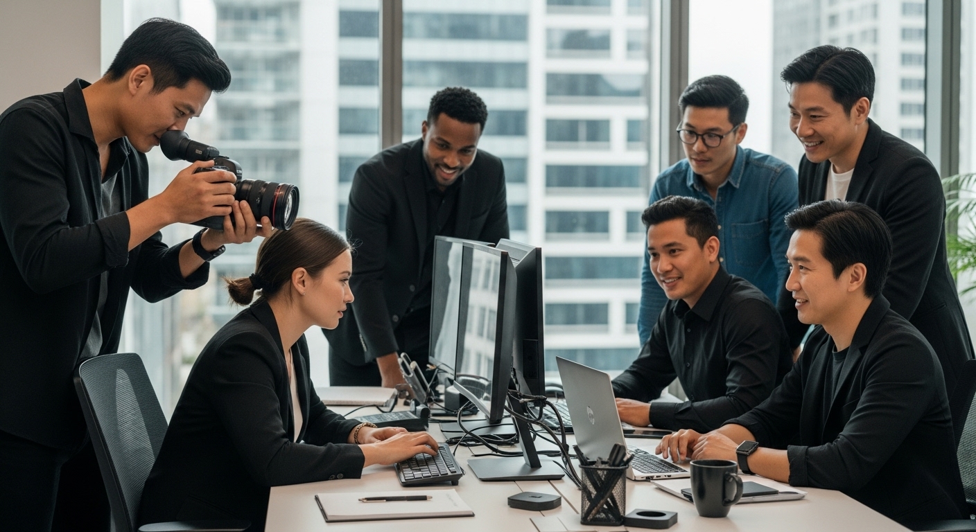corporate video production, business team collaboration, office filming